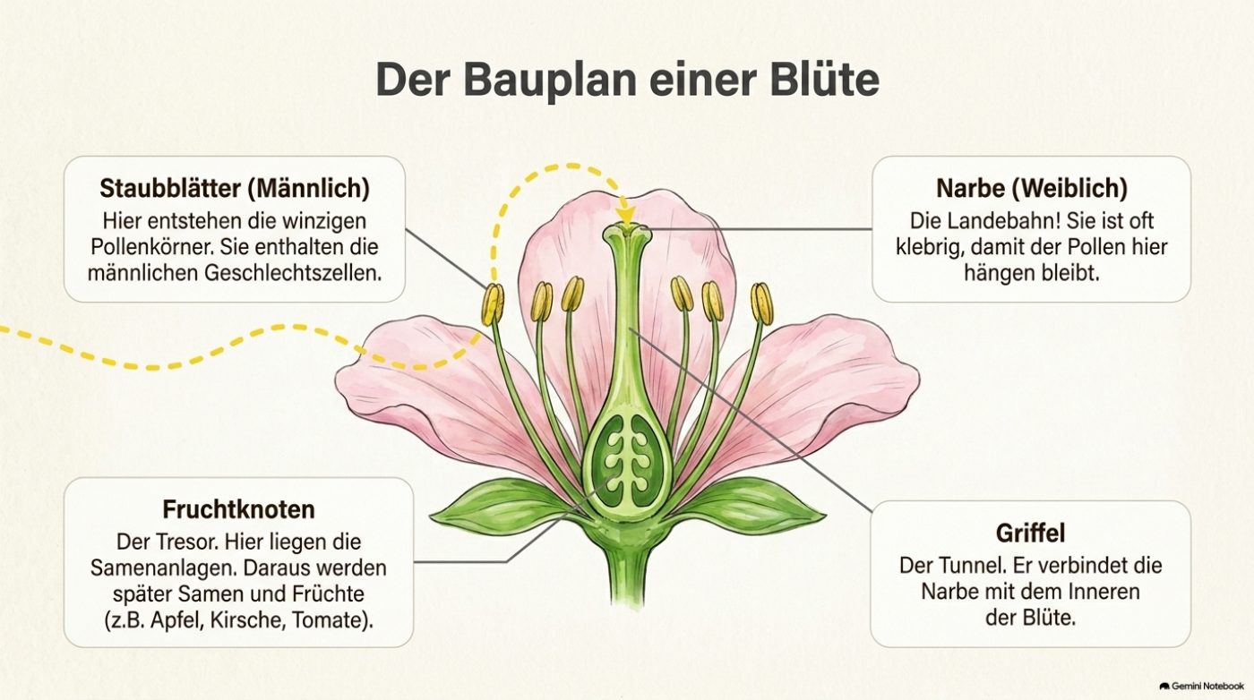 Visuell aufbereitete Unterrichtsfolie: illustrierter Bauplan einer Blüte mit Beschriftungen direkt am Bild